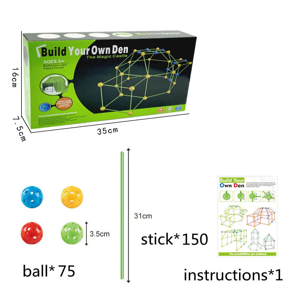 Luminous plastic fort building kit for kids with connecting sticks, balls, and storage bag.