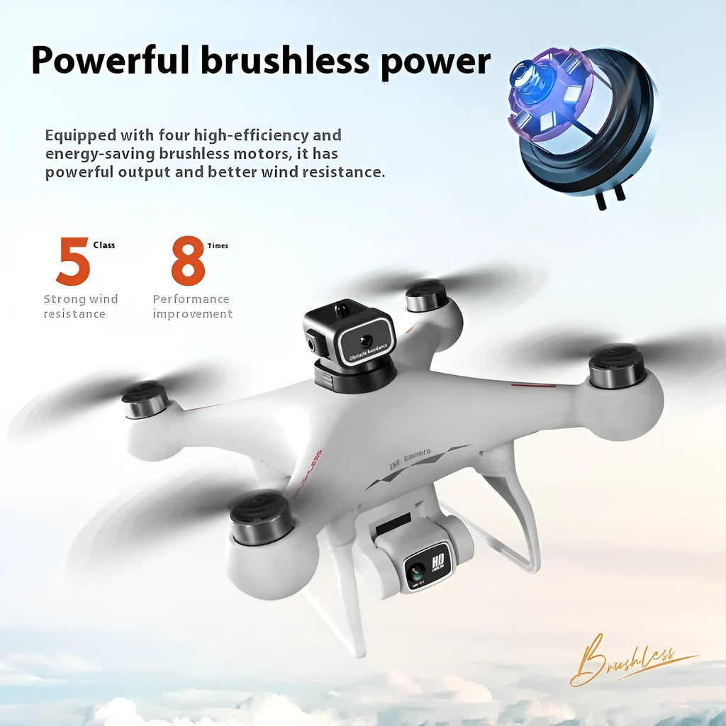 Black HD and White HD coloured brushless UAV drone with four-side obstacle avoidance and dual cameras, showing remote control.