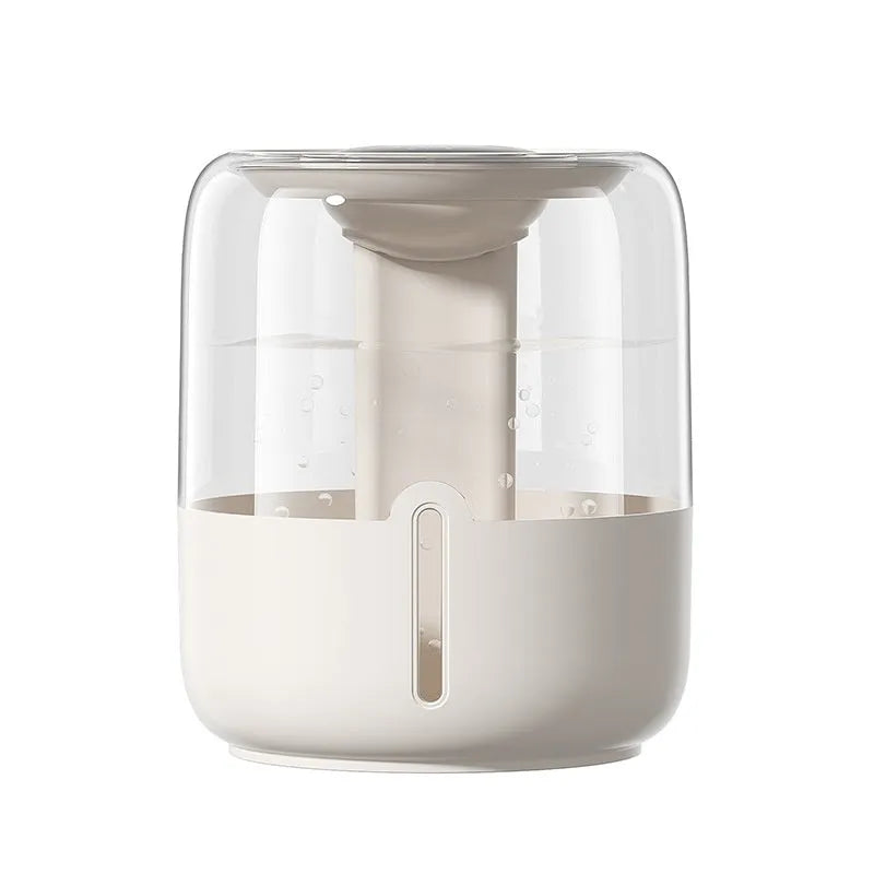 Beige round humidifier with display, dual spray nozzles, and USB port
