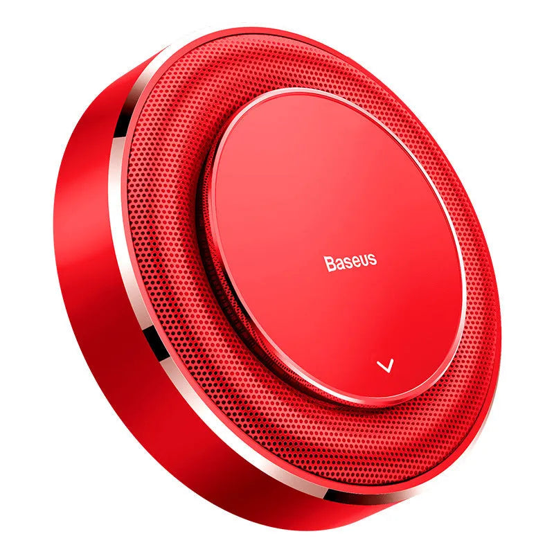 Round aluminium alloy car fragrance seat in black, red, and silver colours with four aromatherapy tablets.