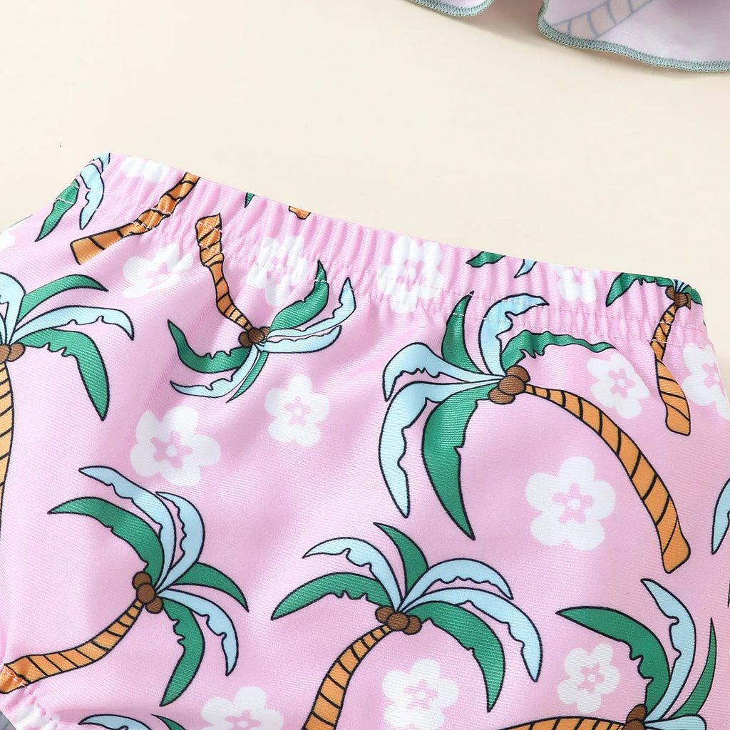 White children's two-piece swimsuit set with shirt and shorts, suitable for ages 6 months to 3 years.