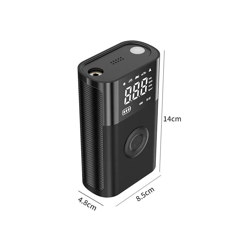 Wireless digital display handheld air pump with LED light, digital screen, and assorted inflation nozzles.