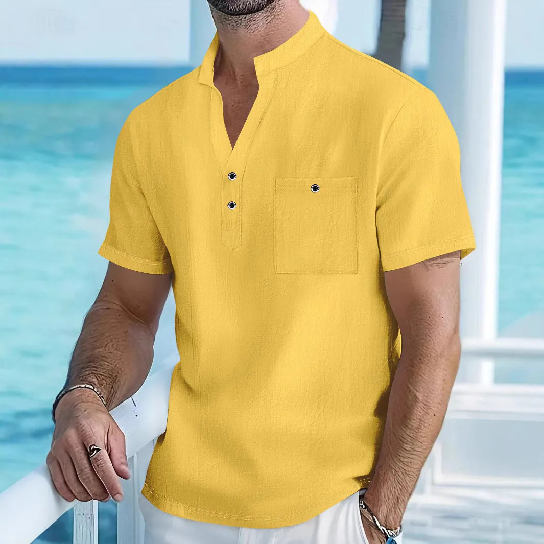 Men's apricot-coloured stand collar linen blend t-shirt on a hanger.