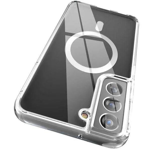 Transparent MagSafe magnetic phone case for Samsung Galaxy S21 S22 S23 models on a table.