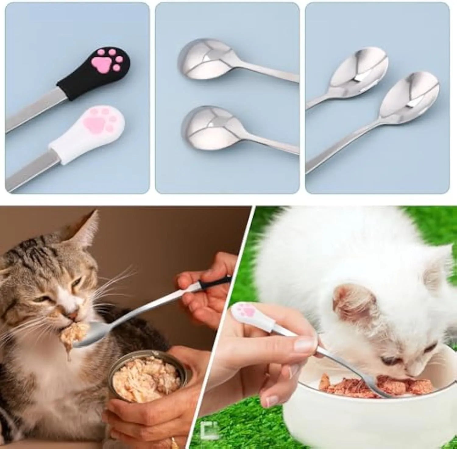 Two stainless steel pet food spoons with silicone grips, one white and one black, featuring a cat paw print.