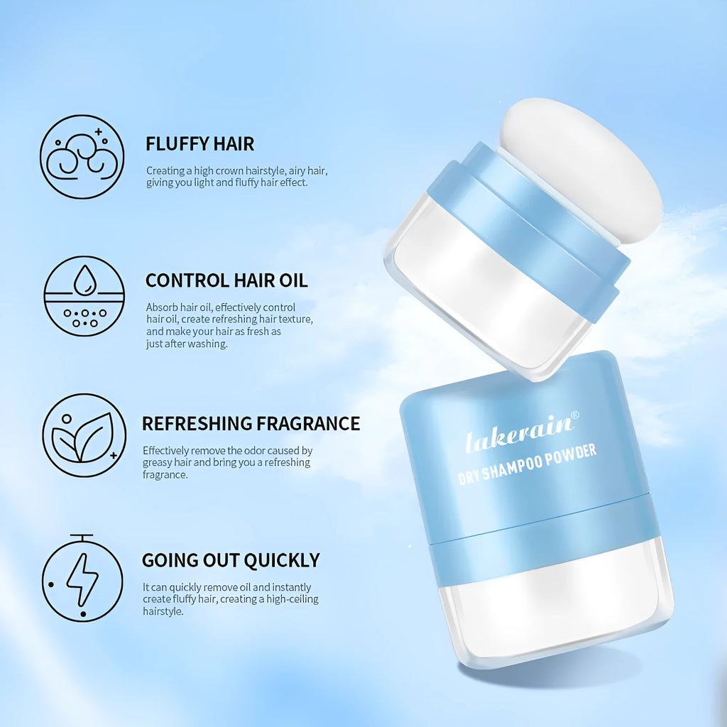 Disposable hair dry cleaning powder with sponge applicator in blue, green or red packaging