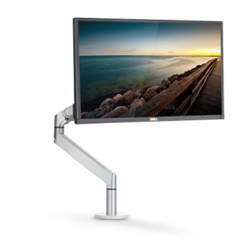 Aluminium laptop stand with adjustable arm bracket in silver colour on desk
