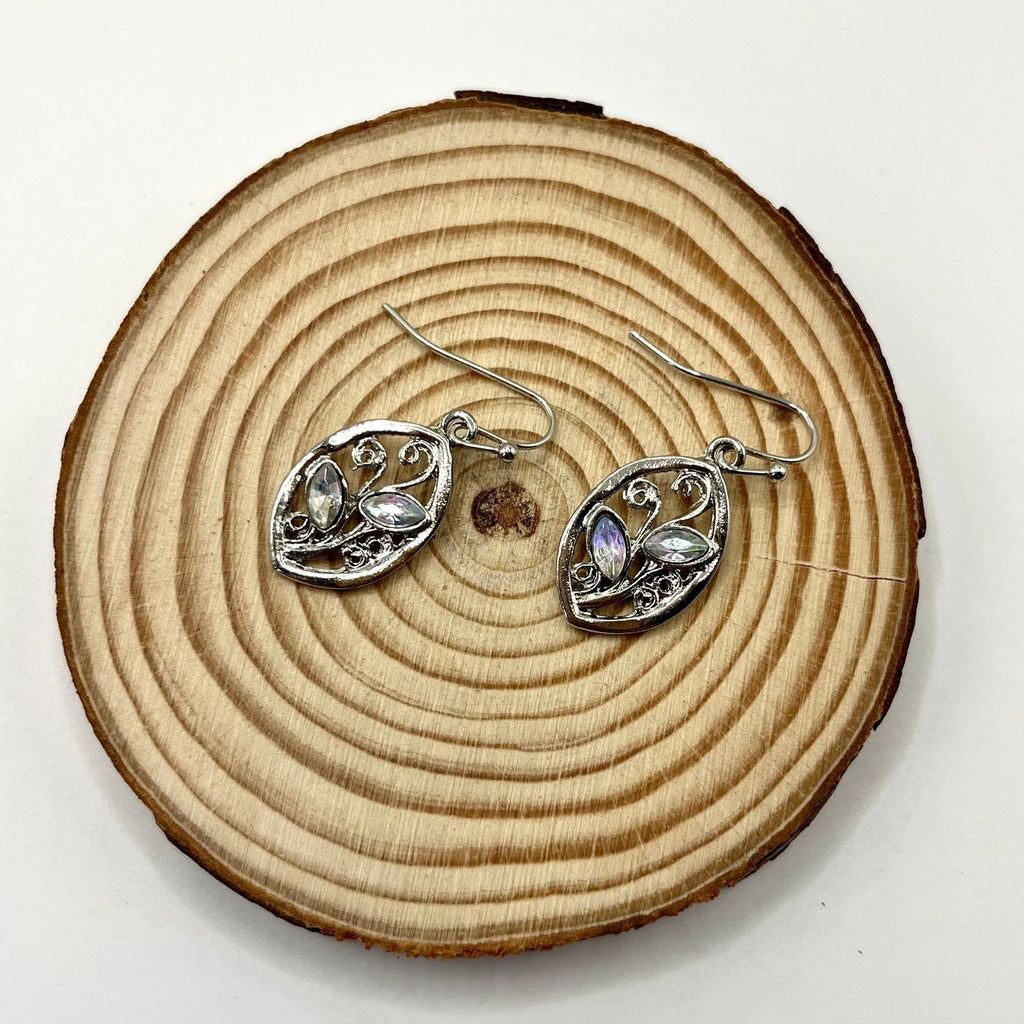 Silver colour alloy earrings with a leaf design and embedded colourful moonstones for women.