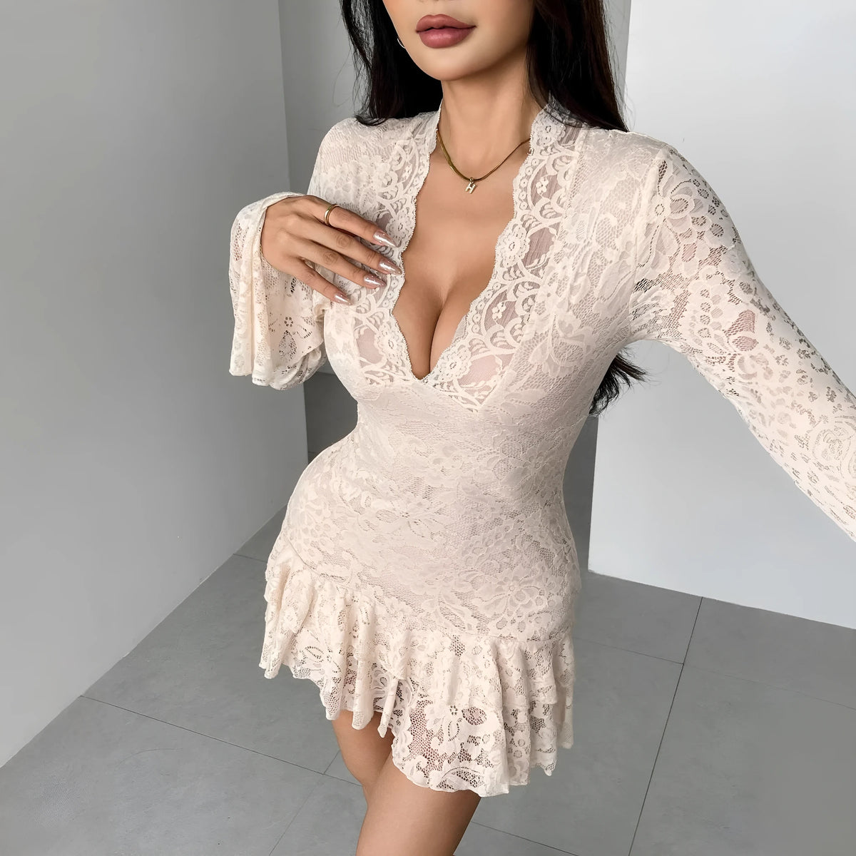 Lace V-neck double-layer ruffled slim-fit mermaid dress in apricot with floral pattern