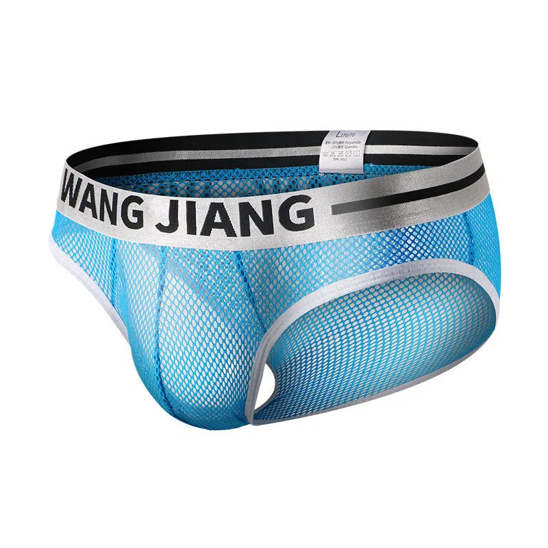 Men's solid colour low-waist triangle mesh briefs in black, white, dark grey, skin colour, blue, and fluorescent green