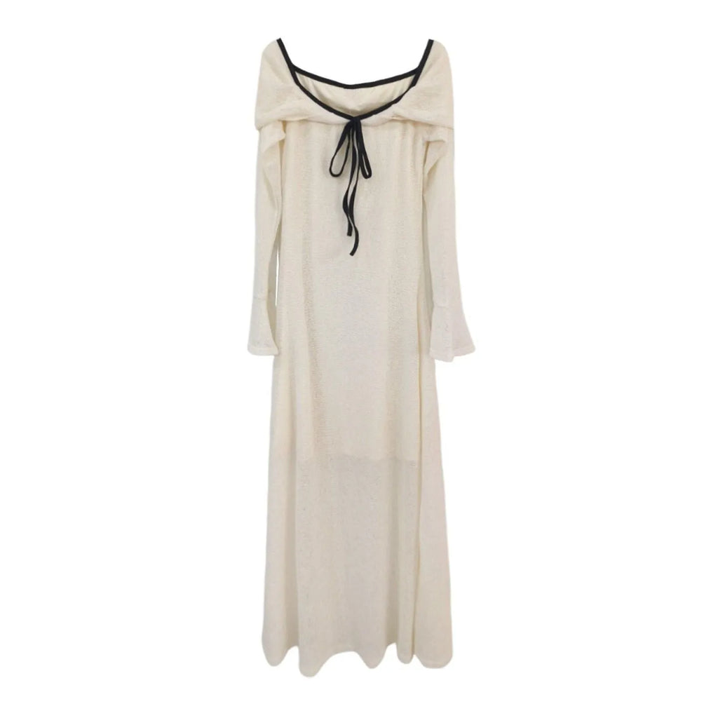 White off-shoulder long-sleeved knitted dress for women with high waist, polyester fabric, sizes S to XL