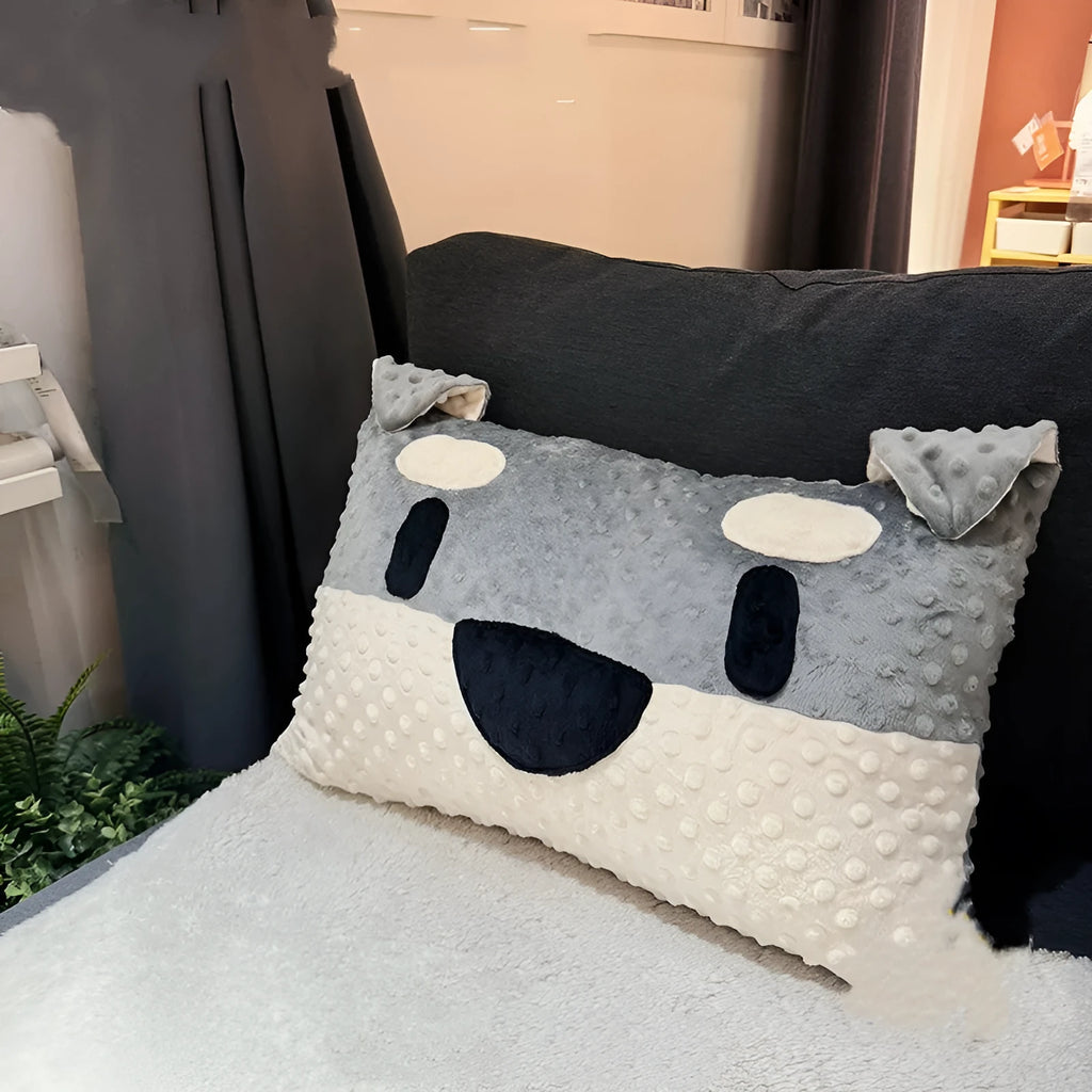 Rectangular grey schnauzer pattern dog pillow on a sofa, showing dimensions of 50 cm by 35 cm.