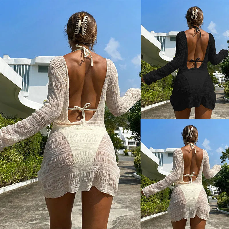 Women's long sleeve halter bikini set three-piece solid colour apricot polyester for swimming