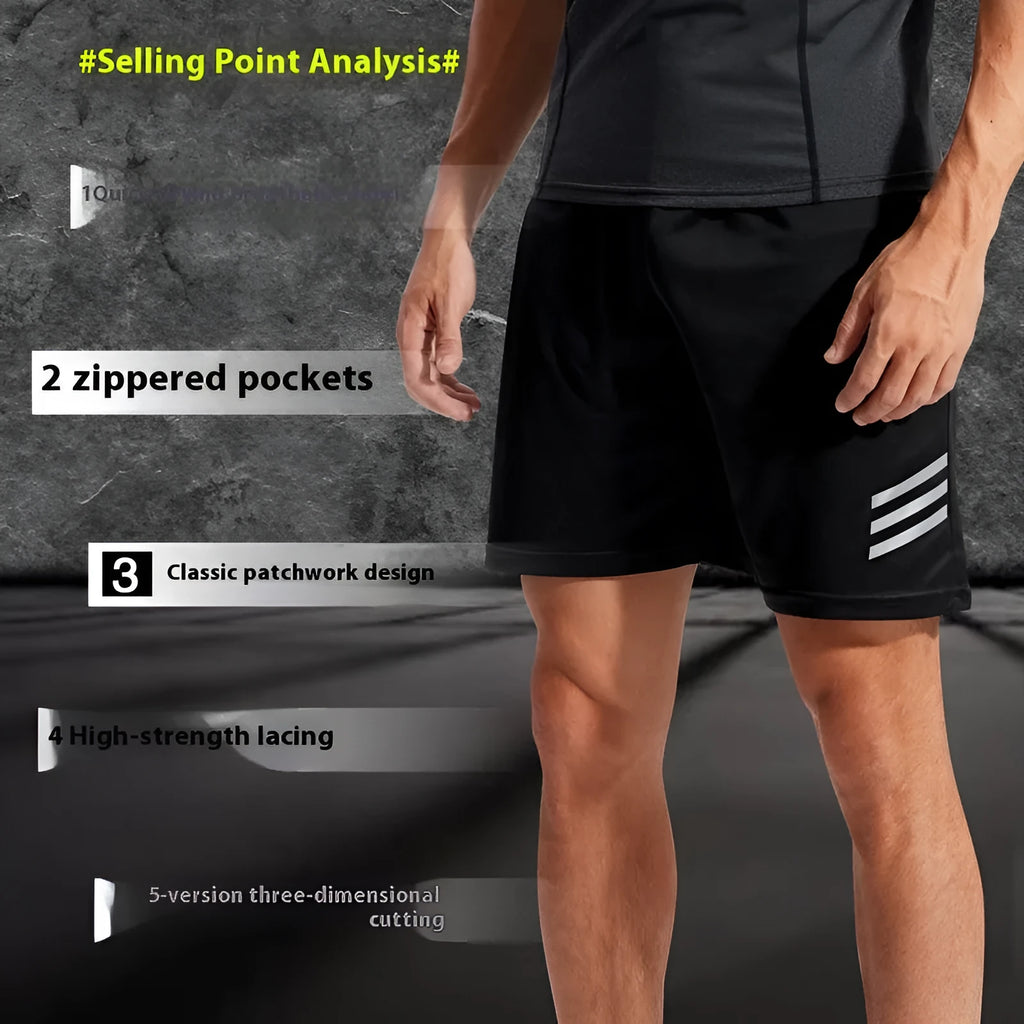 Men's loose five-point reflective polyester running shorts in black on a white background