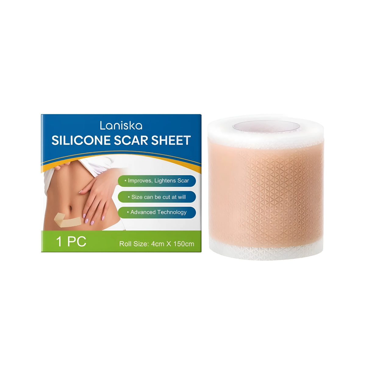 Silicone scar sheet roll with mint leaf active ingredient, showing the flexible sheet on a white background