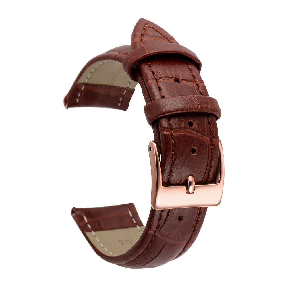 Blue genuine cowhide leather watch strap with stainless steel pin buckle, flat interface, size options 12mm to 24mm