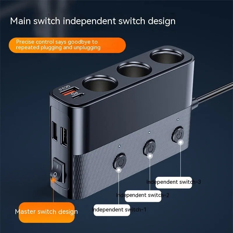 Black car USB charging adapter with multiple ports showing cigarette lighter plug and 1 metre cable
