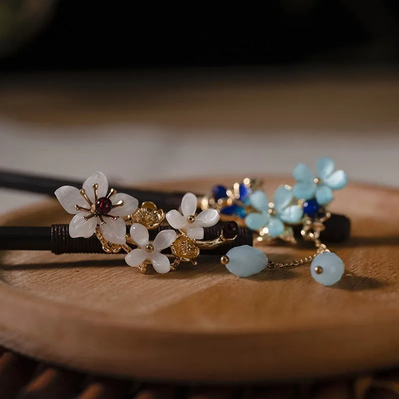 Blackwood headdress plate hair clasp with floral shape, New Chinese style, multiple colour options