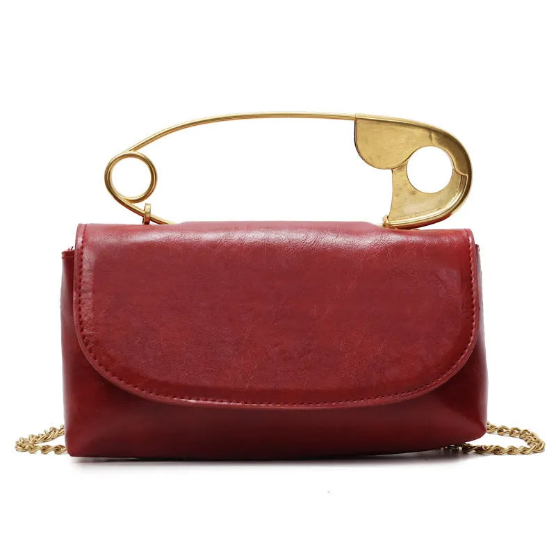 Horizontal square PU leather shoulder handbag with sandwich pocket and street trend sewing thread detailing