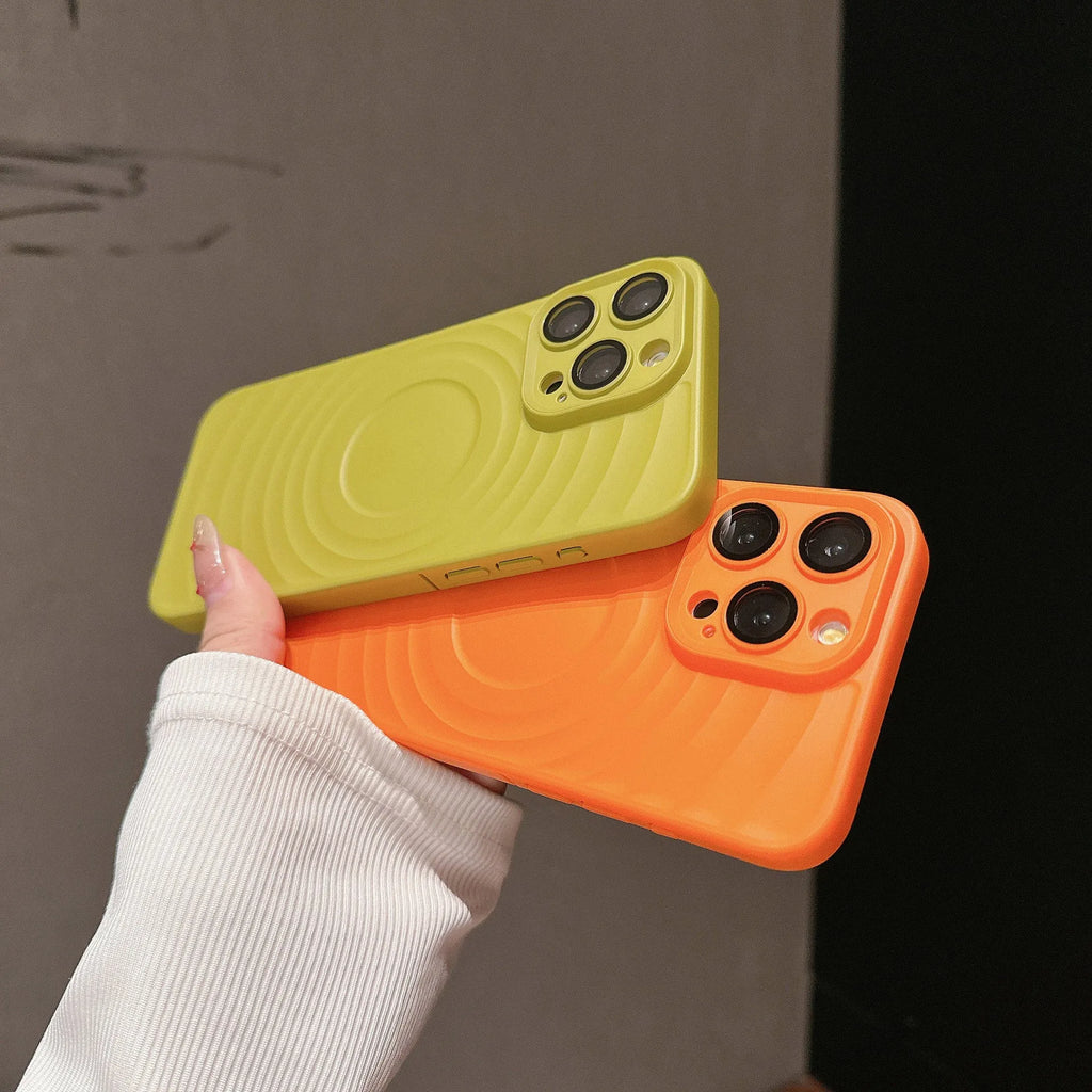 Oil injection magnetic drop-resistant protective cover with frosted PC lens glass for iPhone, showing back of case.