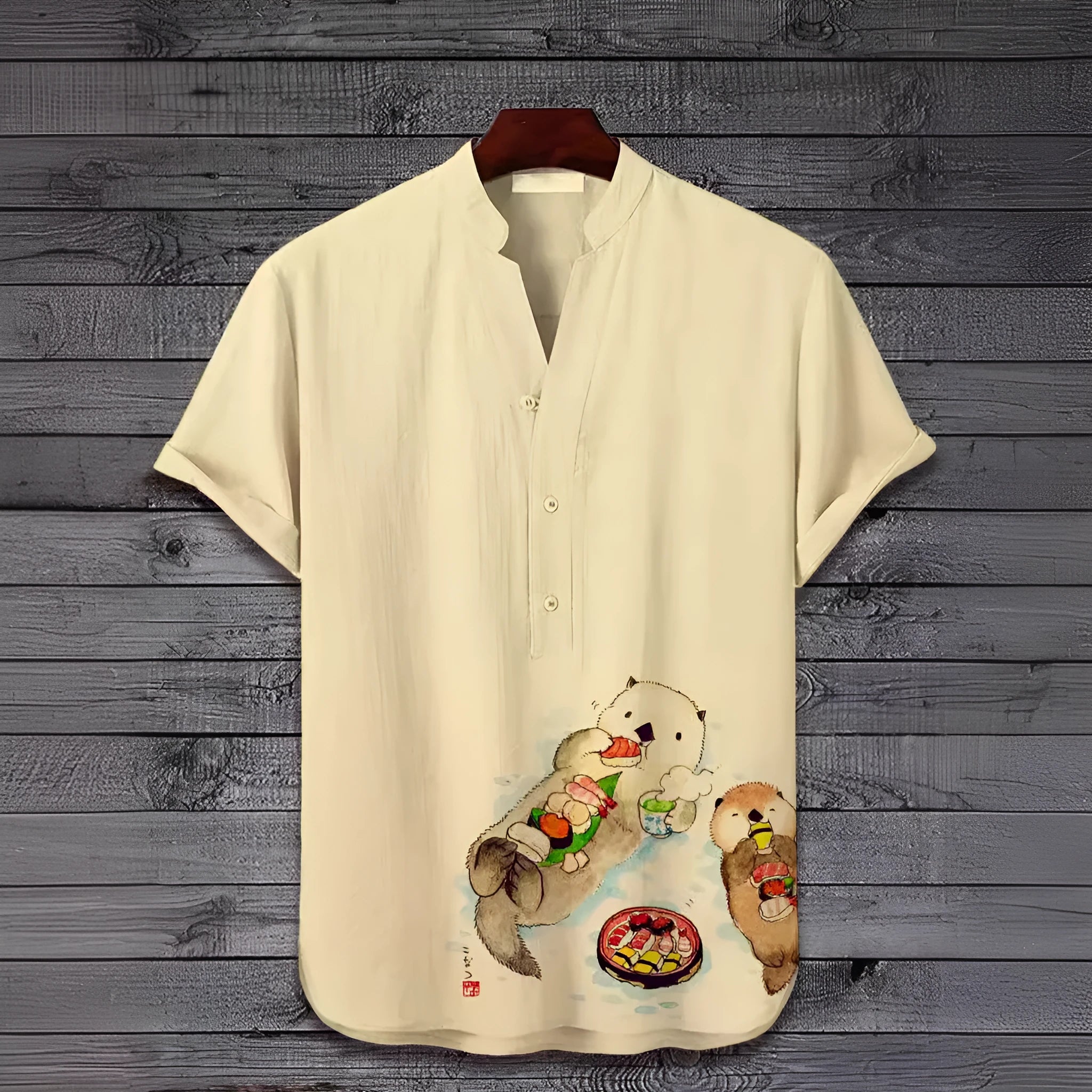 Men's short sleeve shirt featuring a detailed 3D digital animal pattern print on polyester fabric.