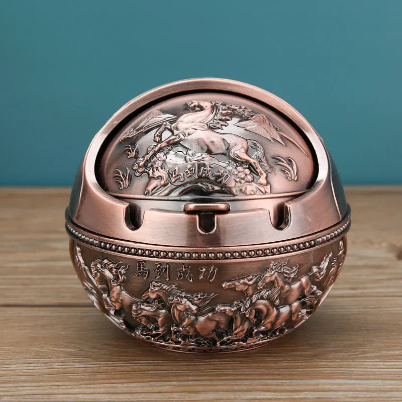 XL decorative alloy ashtray with smoke slot in bronze finish showing dragon and phoenix design