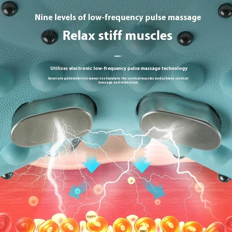 Blue-green portable cervical spine massage pillow showing EMS, heat, and vibration functions