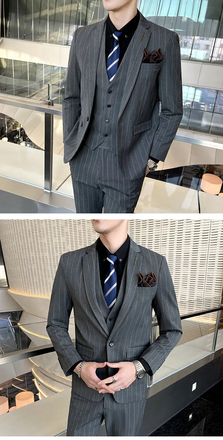 Men's three-piece striped suit set in black, slim fit, with jacket, vest and trousers on a hanger