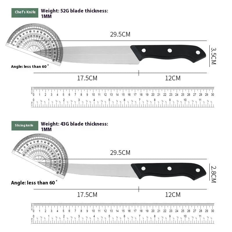 Stainless steel knife and A-style black cutting board set with 17.5 cm blade