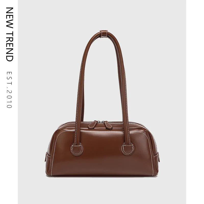 Retro PU underarm bag for women, horizontal square 31 x 9 x 14 cm with double straps and stitching