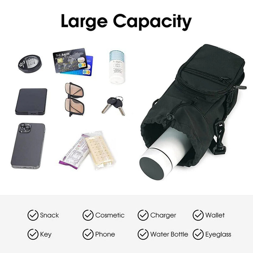 Cloth crossbody water bottle pouch in black, adjustable strap for hands-free carrying.