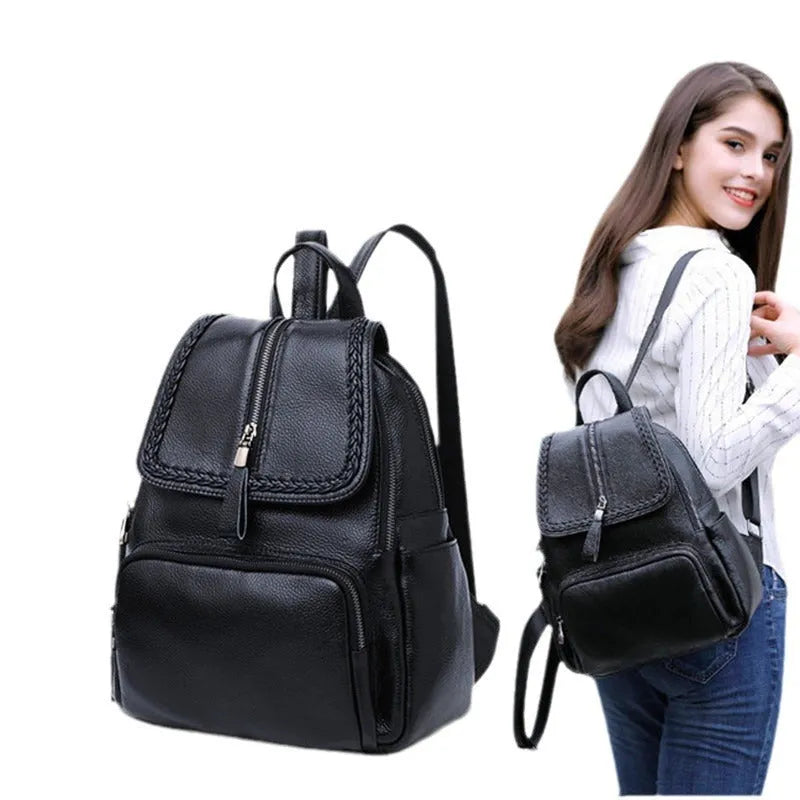 Genuine leather women's backpack in blue with multiple compartments and waterproof function