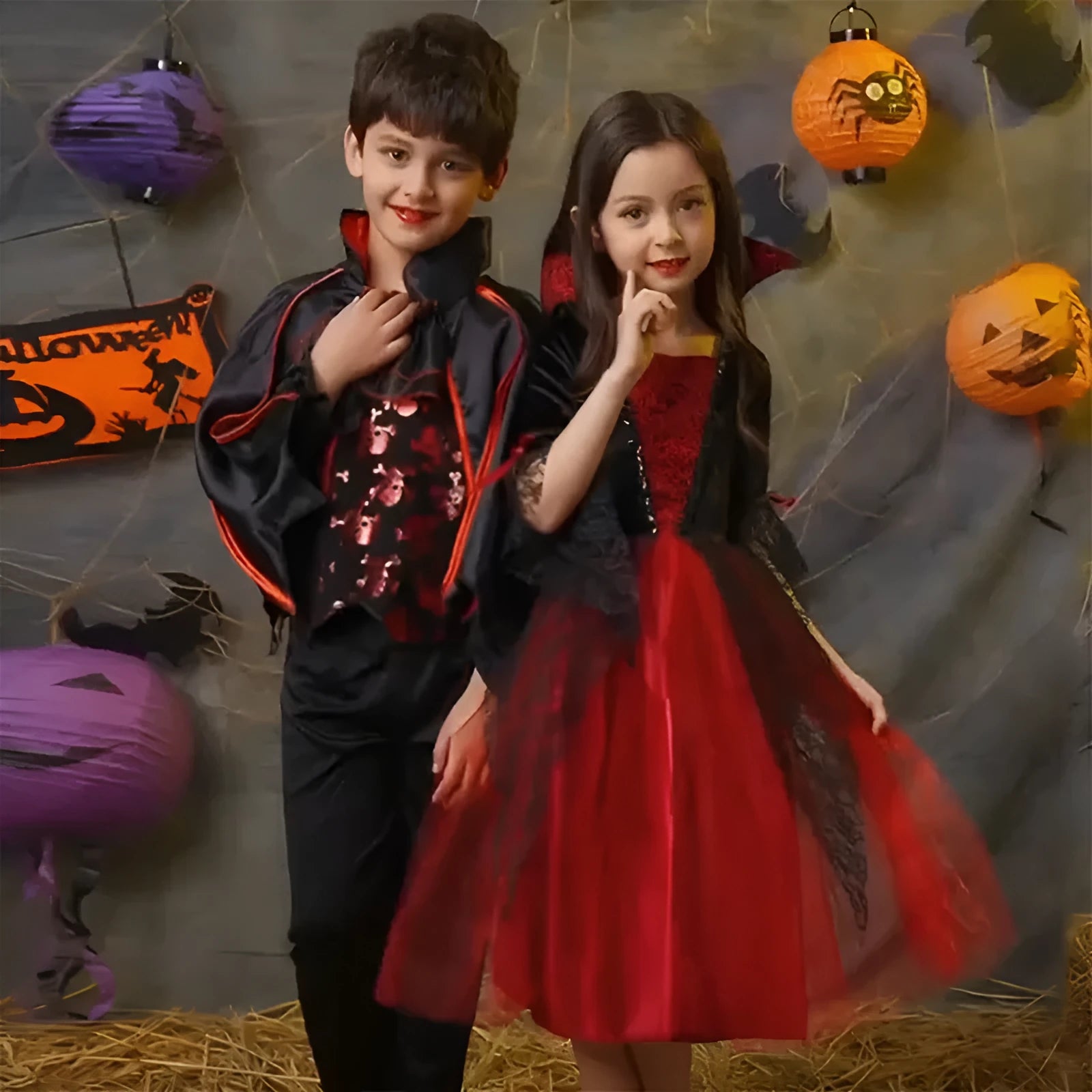 Children's Halloween witch costume suit in polyester fibre with cape and dress options, multiple sizes from 90cm to 170cm