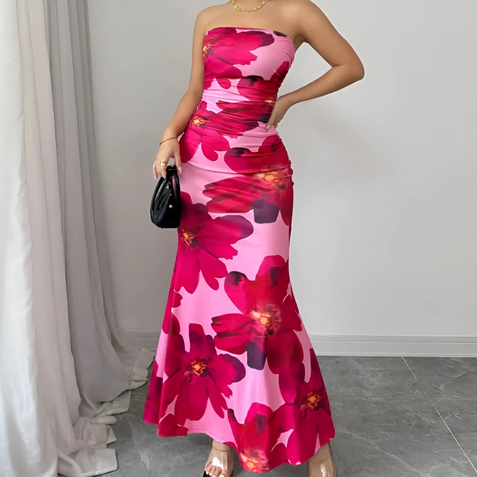 Women's slim fit high waist long flower dress pink print sleeveless hip skirt S M L XL