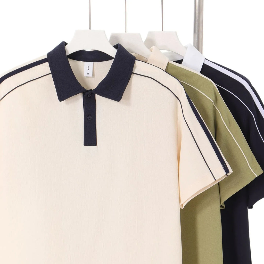 Casual lapel short sleeve t-shirt, loose cotton blend drop shoulder polo shirt in two-tone colour, sizes S to 3XL