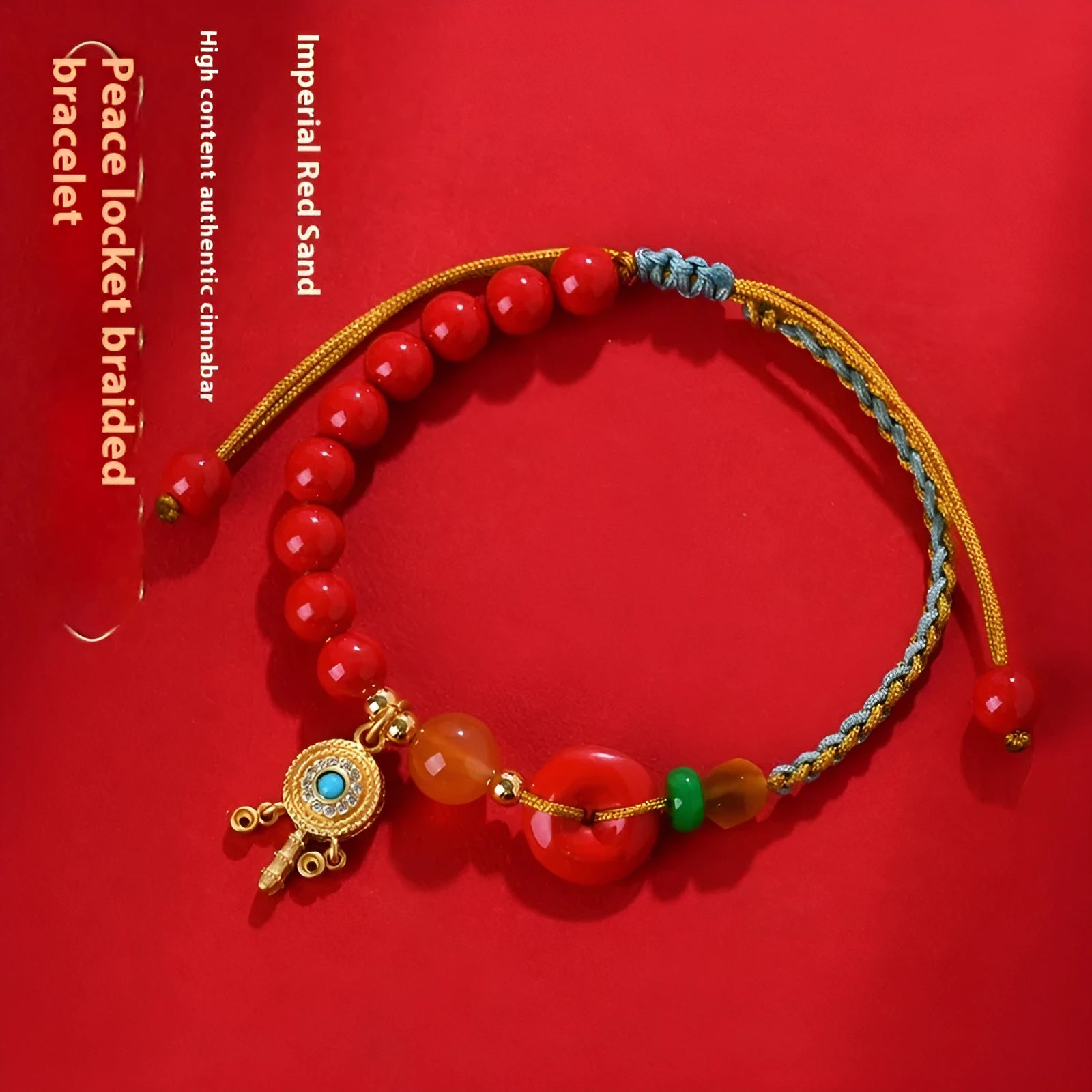Red cinnabar bracelet with hand-woven geometric peace buckle in national style