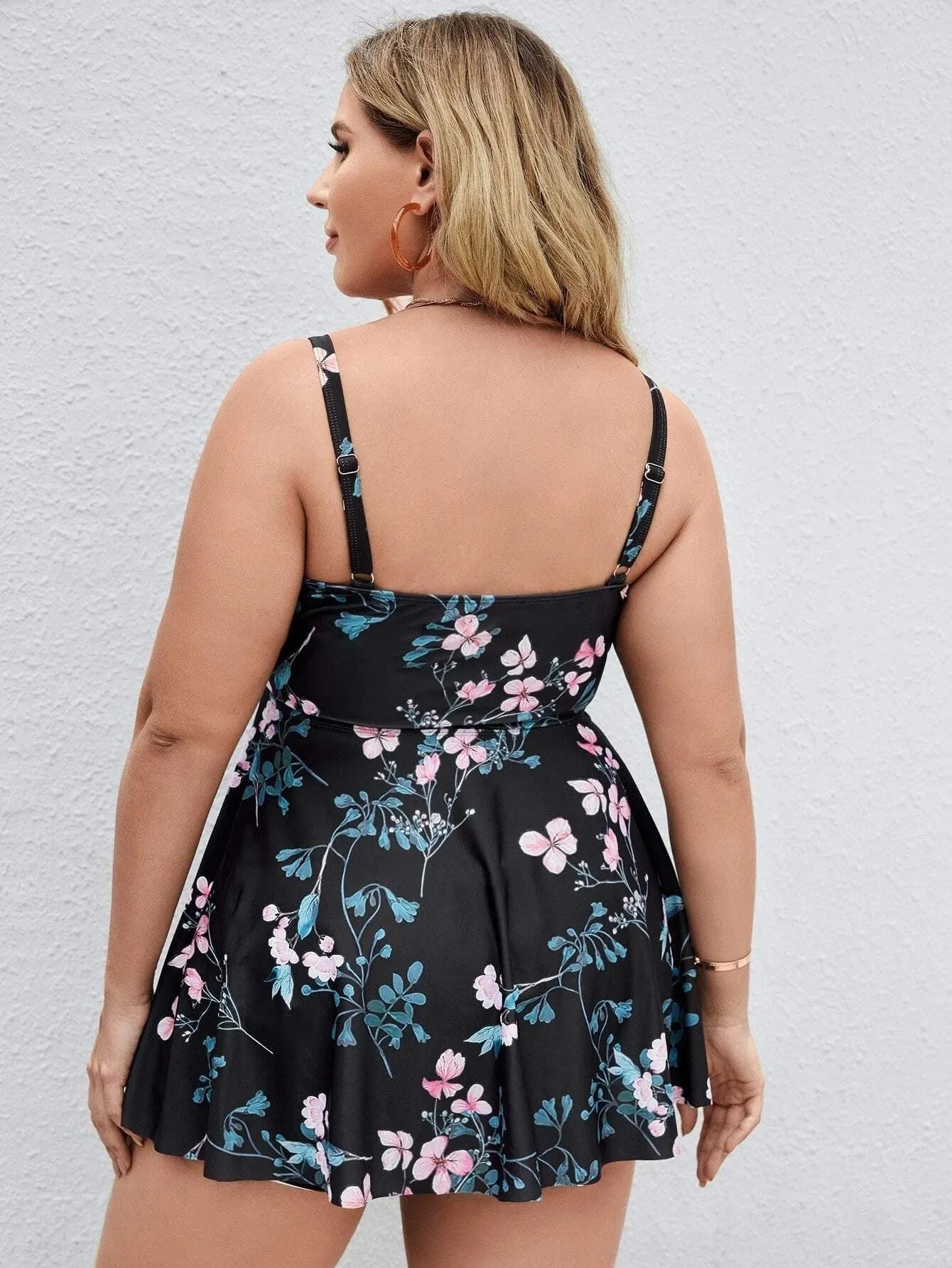 Women's floral printed one-piece swimsuit with split colour design in plus sizes