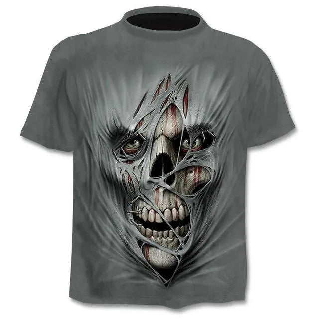 Men's gothic skull print t-shirt punk style round neck regular sleeve top in black