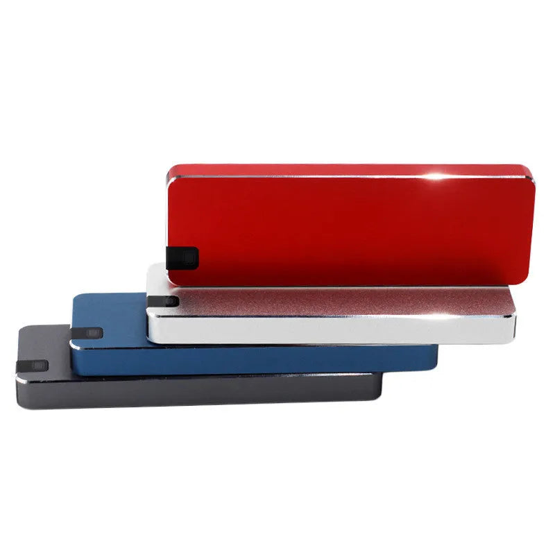 Compact metal portable SSD measuring 0.6x3.2x1cm with USB 3.1 interface in multiple colour options