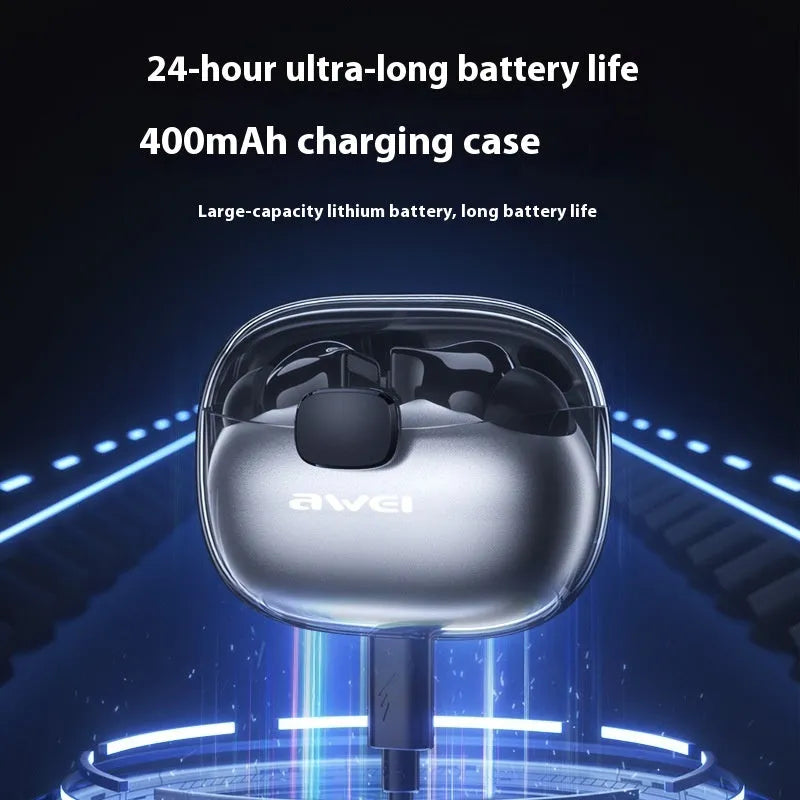 T52 transparent black TWS earbuds with charging case and breathing light