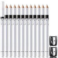 12 white and black retractable eyeliner pencils and a sharpener laid out on a flat surface.