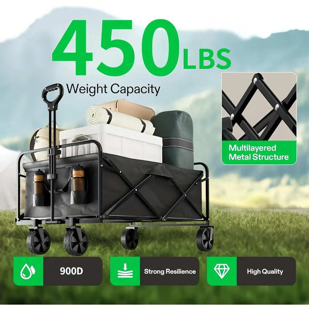 Collapsible heavy-duty metal garden wagon cart with foldable frame.