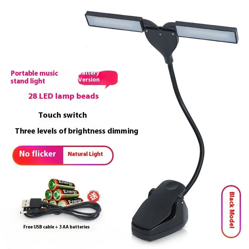 Black rechargeable music stand lamp with 28 LED bulbs lit up on a music stand.