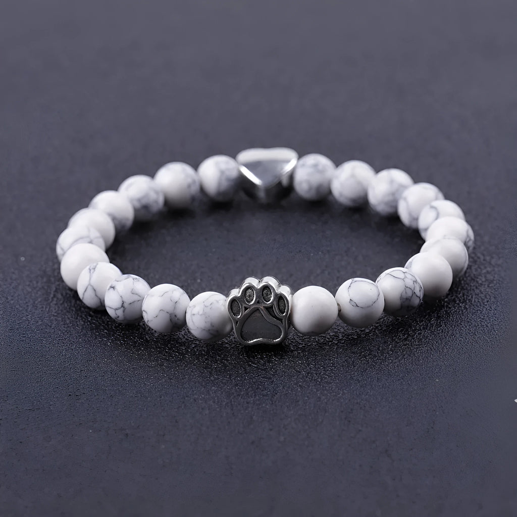 Tigereye stone bracelet with dog's paw charm, Indian agate beads, and a love heart charm on a beaded band.