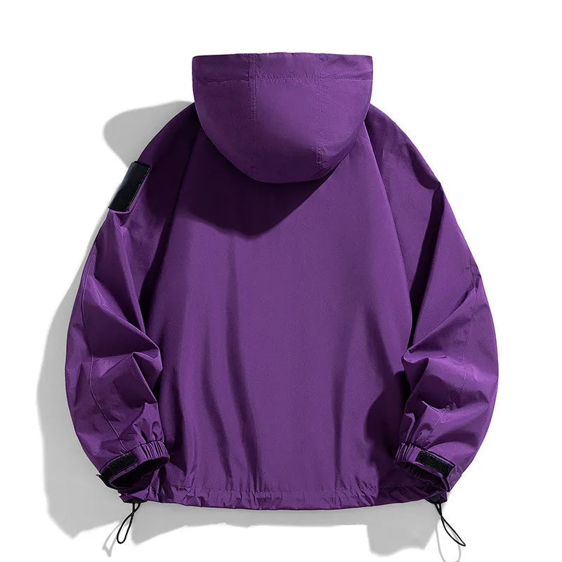 Men's hooded waterproof windproof jacket in black, ginger yellow, or purple, available in multiple sizes.