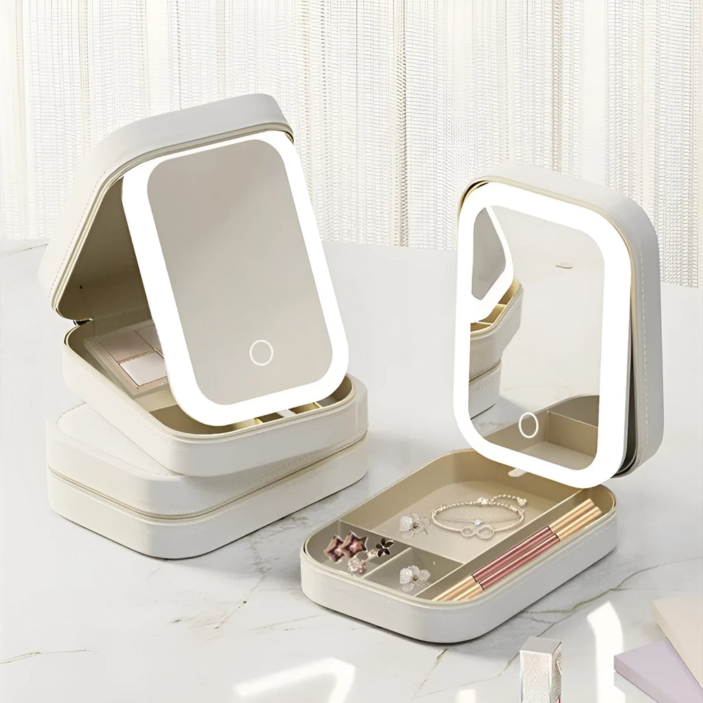 Portable makeup storage box with LED light mirror showing adjustable stand and storage compartment