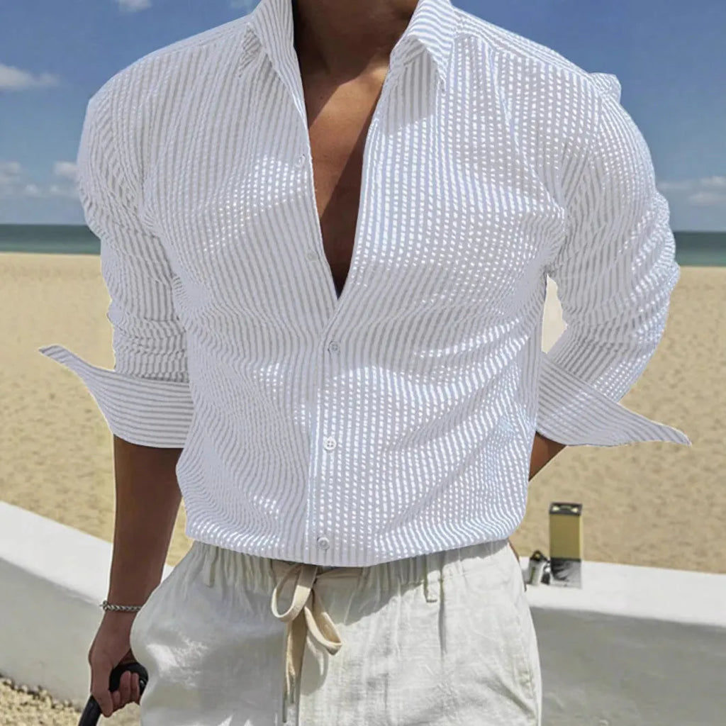 Men's striped cardigan lapel shirt in polyester available in multiple colours with long sleeves