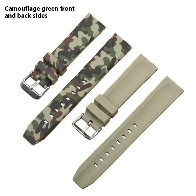 Green camouflage silicone watch strap showing flat head design and buckle.