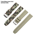 Green camouflage silicone watch strap showing flat head design and buckle.