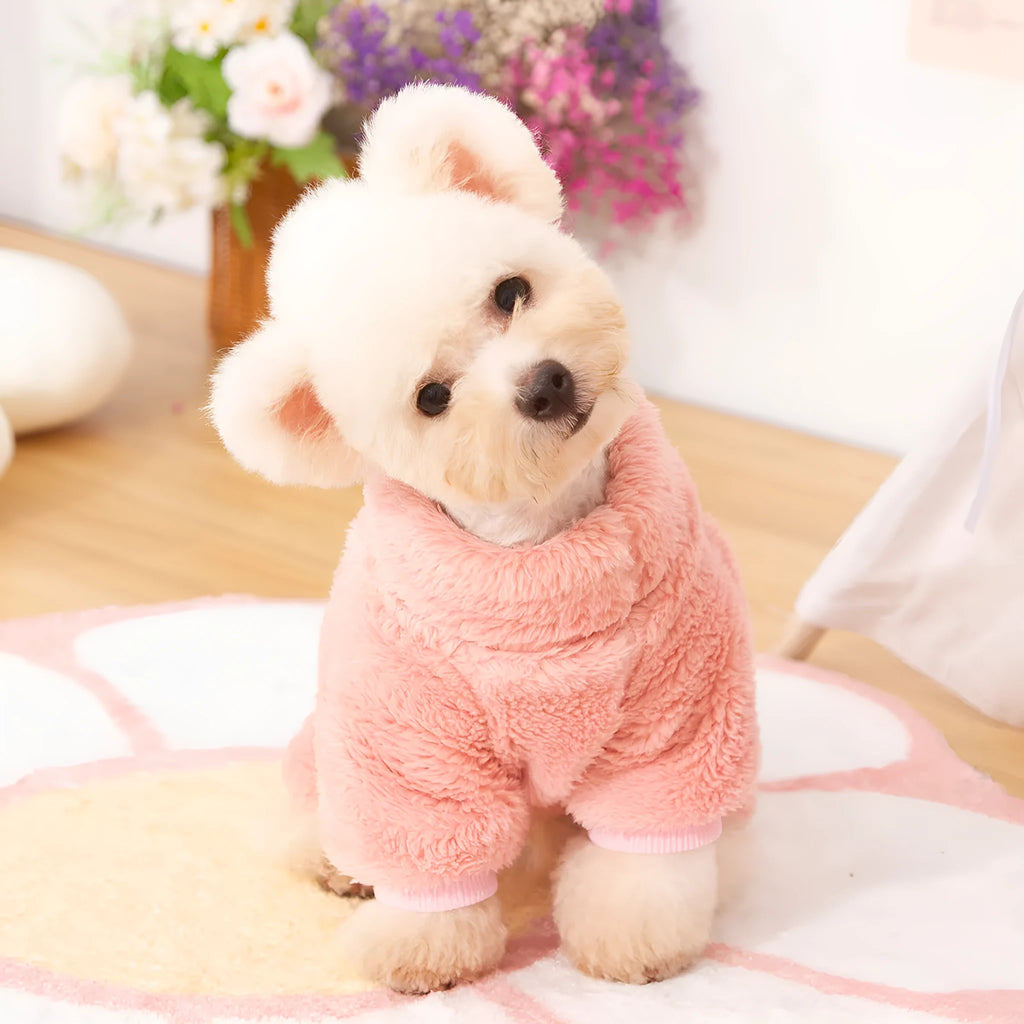 Blue double-sided thick plush four-legged dog clothing with a high collar and a back towing ring.